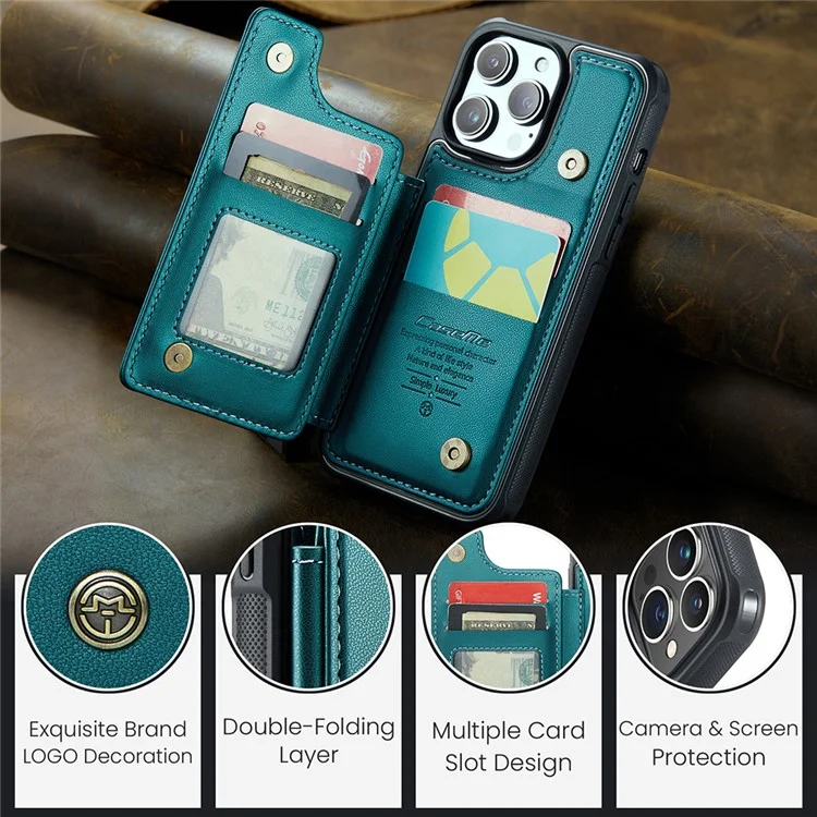 CASEME C22 Series для чехла iPhone 13 Pro Litchi Texture Phone Cover с 4 слотами для карт - зеленый