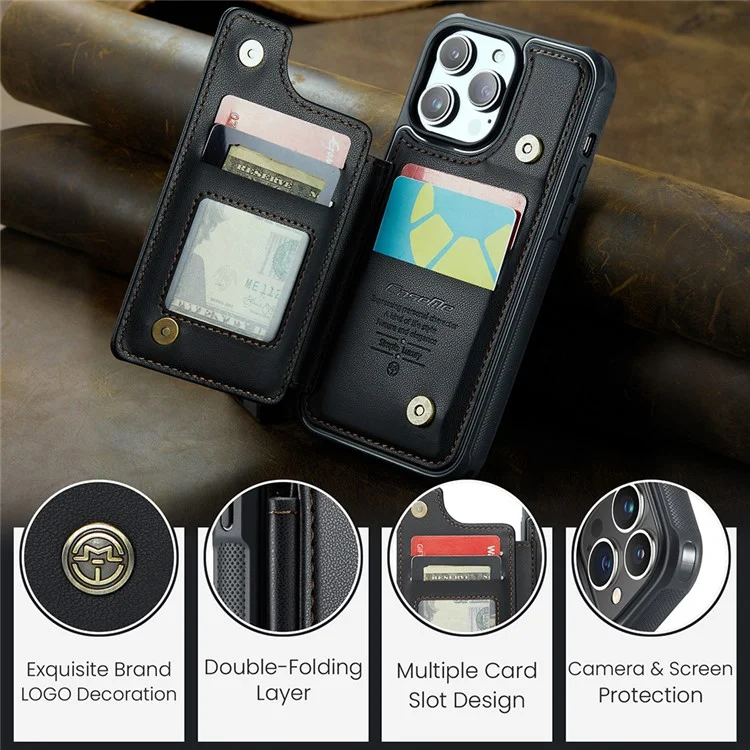 Étui CASEME C22 Series pour iPhone 13 Pro Étui Texture Litchi Couvercle de téléphone avec 4 fentes pour cartes - Noir
