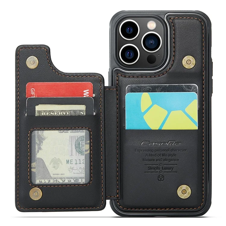 Étui CASEME C22 Series pour iPhone 13 Pro Étui Texture Litchi Couvercle de téléphone avec 4 fentes pour cartes - Noir