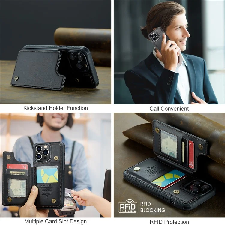 Étui CASEME C22 Series pour iPhone 13 Pro Étui Texture Litchi Couvercle de téléphone avec 4 fentes pour cartes - Noir
