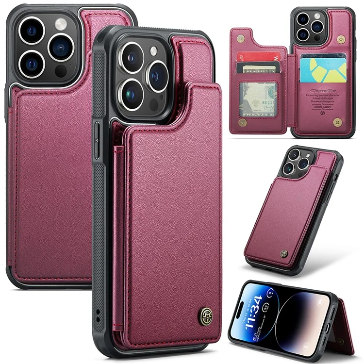 Funda para iPhone 14 Pro CASEME C22 Series con soporte para tarjetas, revestimiento de cuero sintético y TPU - Rojo