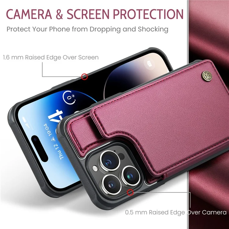 Funda para iPhone 14 Pro CASEME C22 Series con soporte para tarjetas, revestimiento de cuero sintético y TPU - Rojo