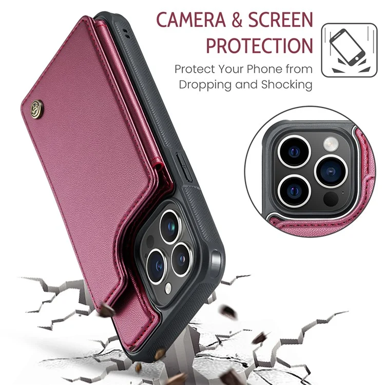 Funda para iPhone 14 Pro CASEME C22 Series con soporte para tarjetas, revestimiento de cuero sintético y TPU - Rojo