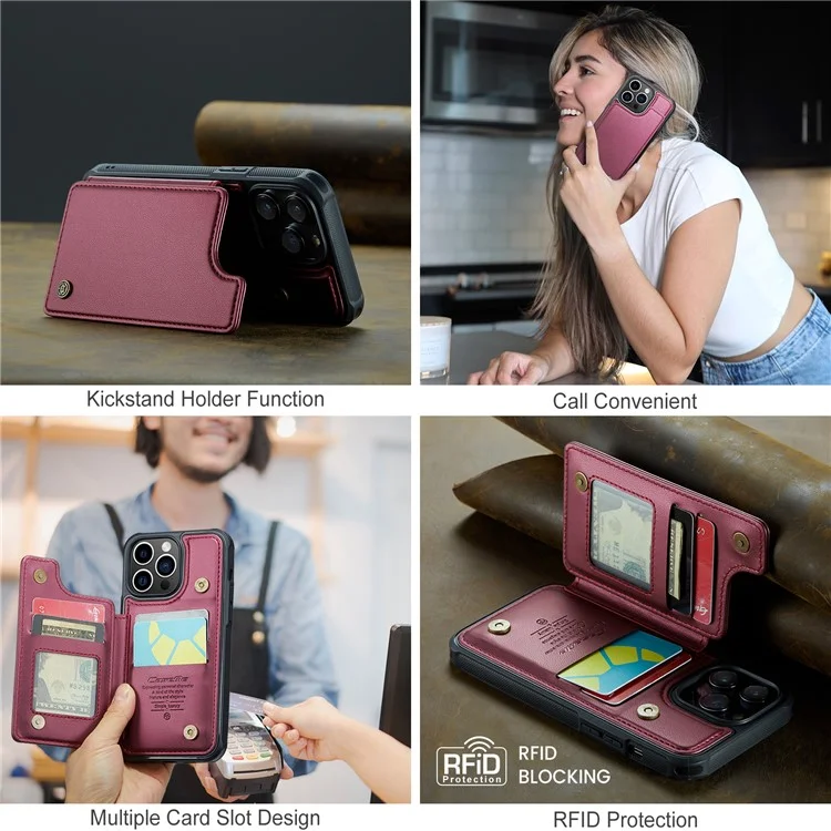 Funda para iPhone 14 Pro CASEME C22 Series con soporte para tarjetas, revestimiento de cuero sintético y TPU - Rojo