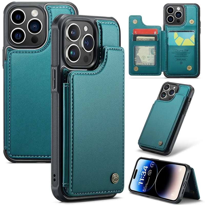 For iPhone 14 Pro Phone Case CASEME C22 Leather Back Cover with RFID Blocking Card Slots - Green