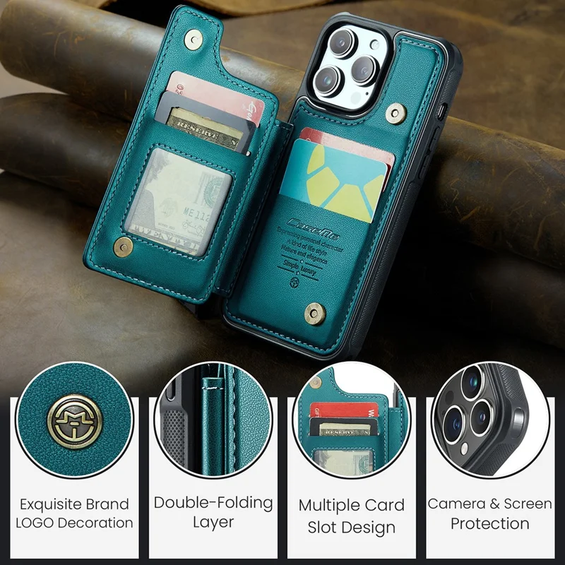 For iPhone 14 Pro Phone Case CASEME C22 Leather Back Cover with RFID Blocking Card Slots - Green