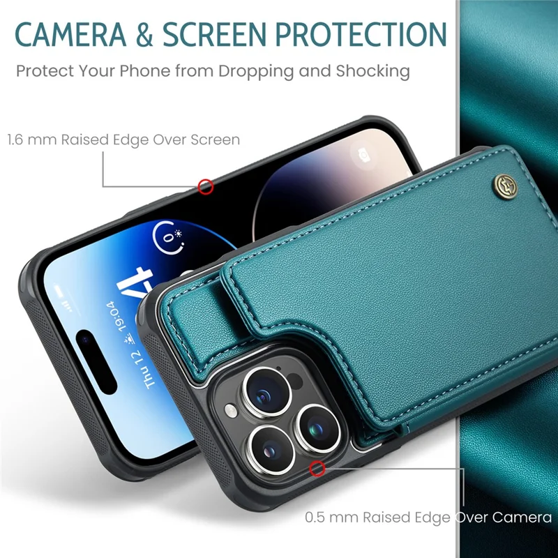 For iPhone 14 Pro Phone Case CASEME C22 Leather Back Cover with RFID Blocking Card Slots - Green