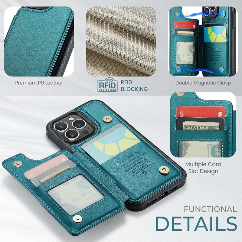 For iPhone 14 Pro Phone Case CASEME C22 Leather Back Cover with RFID Blocking Card Slots - Green