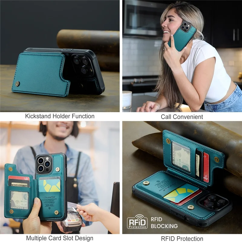 For iPhone 14 Pro Phone Case CASEME C22 Leather Back Cover with RFID Blocking Card Slots - Green