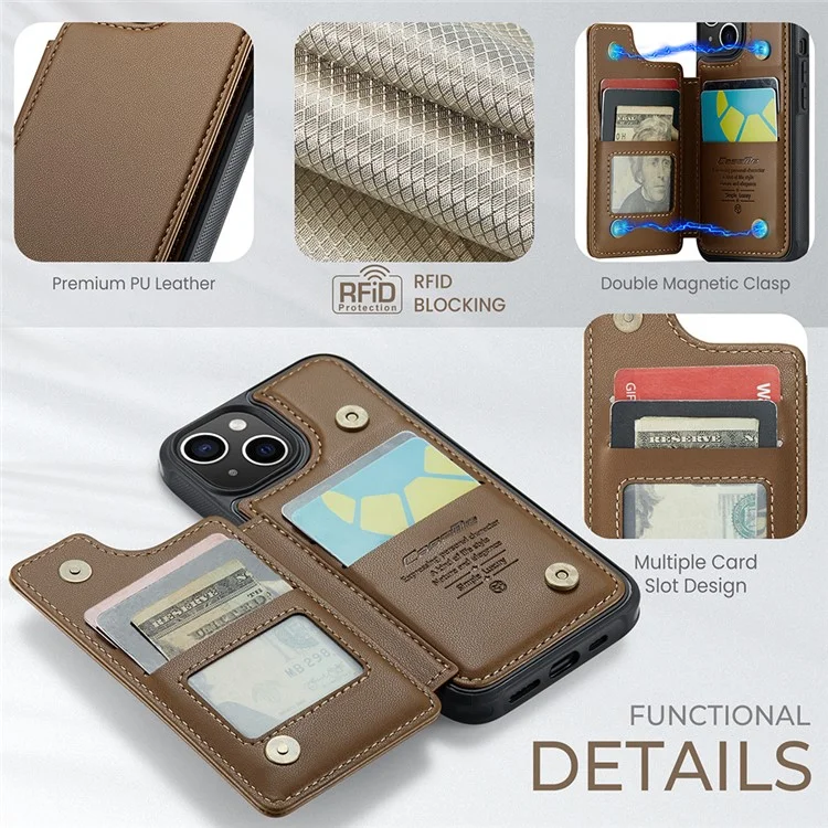 CASEME C22 Série para Caso do iPhone 14 Bloqueio RFID Suporte com 4 Slots de Cartão - Marrom