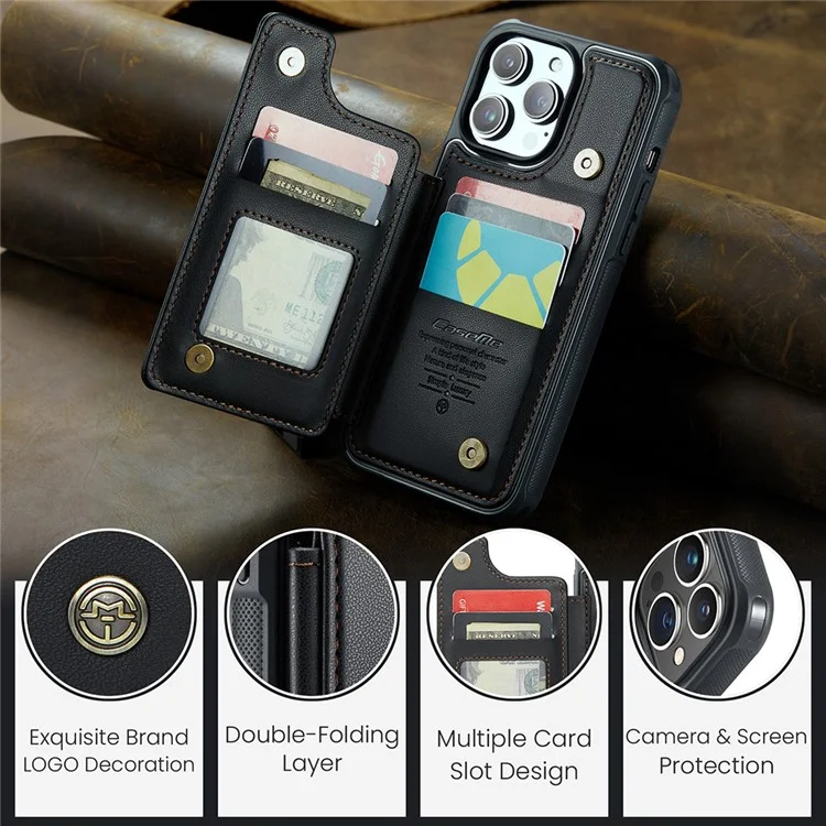 Чехол CASEME C22 Series для iPhone 13 Pro Max 6.7 дюймов PU+TPU с подставкой и защитой от RFID - черный