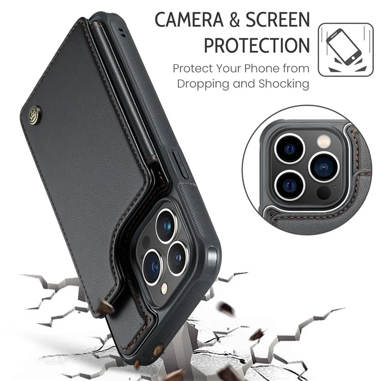 Чехол CASEME C22 Series для iPhone 13 Pro Max 6.7 дюймов PU+TPU с подставкой и защитой от RFID - черный