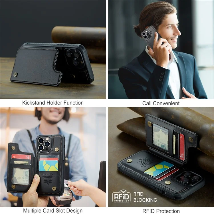 Чехол CASEME C22 Series для iPhone 13 Pro Max 6.7 дюймов PU+TPU с подставкой и защитой от RFID - черный