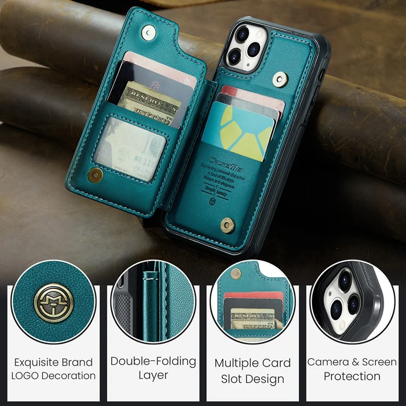 For iPhone 11 Pro Max Phone Case CASEME C22 Leather Back Cover with RFID Blocking Card Slots - Green