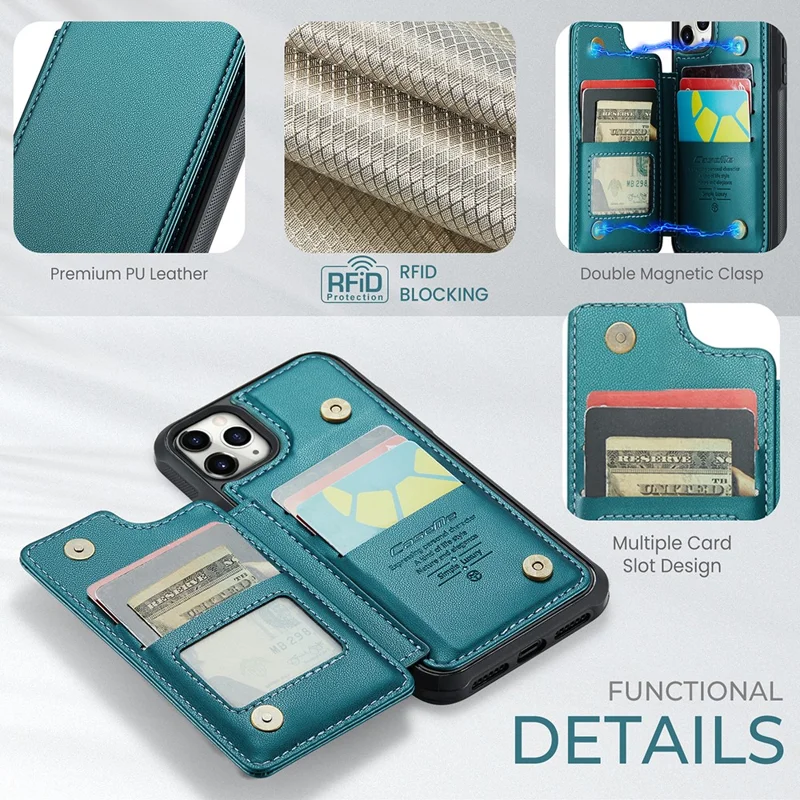 For iPhone 11 Pro Max Phone Case CASEME C22 Leather Back Cover with RFID Blocking Card Slots - Green