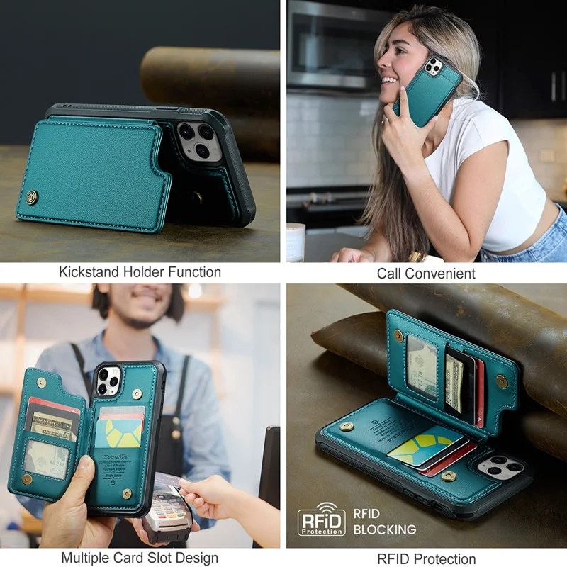 For iPhone 11 Pro Max Phone Case CASEME C22 Leather Back Cover with RFID Blocking Card Slots - Green