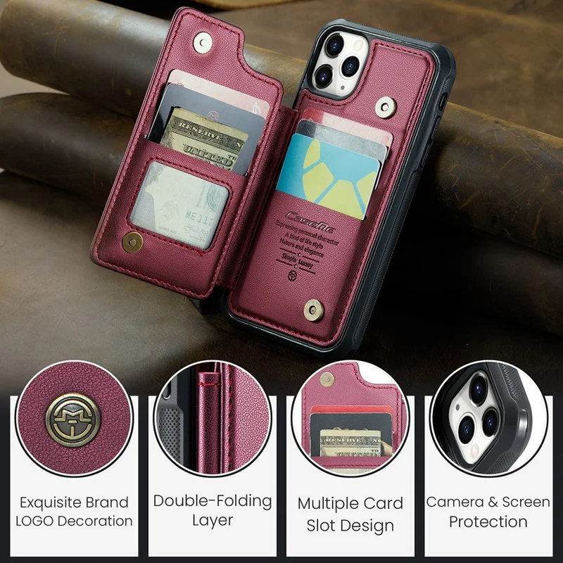 For iPhone 11 Pro Max Phone Case CASEME C22 Leather Back Cover with RFID Blocking Card Slots - Red