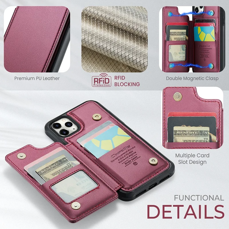 For iPhone 11 Pro Max Phone Case CASEME C22 Leather Back Cover with RFID Blocking Card Slots - Red