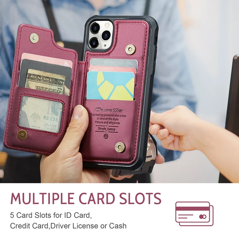 For iPhone 11 Pro Max Phone Case CASEME C22 Leather Back Cover with RFID Blocking Card Slots - Red
