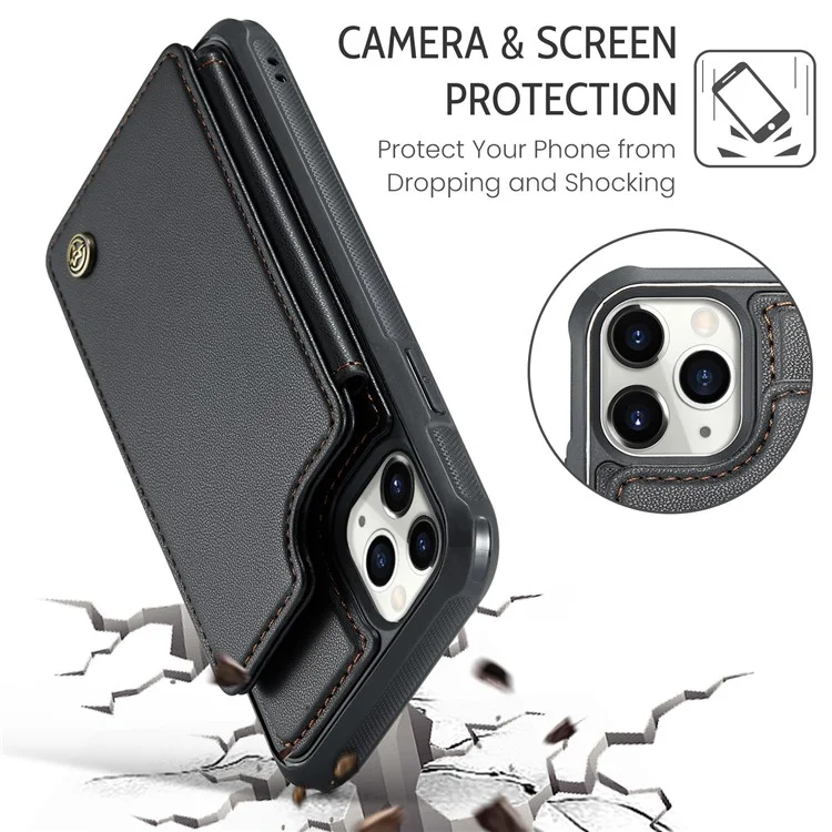 For iPhone 11 Pro Phone Case CASEME C22 Leather Back Cover with RFID Blocking Card Slots - Black