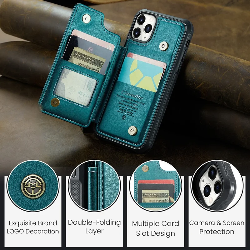For iPhone 11 Pro Phone Case CASEME C22 Leather Back Cover with RFID Blocking Card Slots - Green