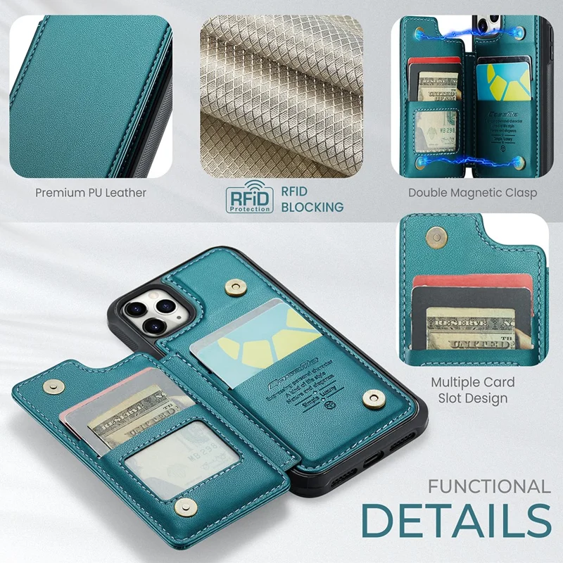 For iPhone 11 Pro Phone Case CASEME C22 Leather Back Cover with RFID Blocking Card Slots - Green