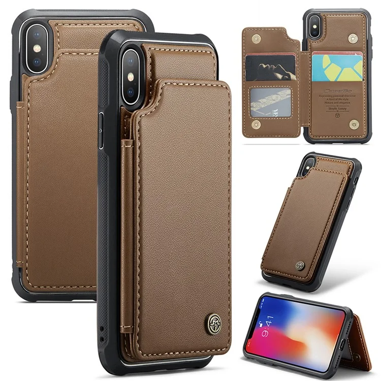 CASEME C22 Series for iPhone X / XS Case 4 Card Slots Litchi Texture Kickstand Phone Cover - Brown