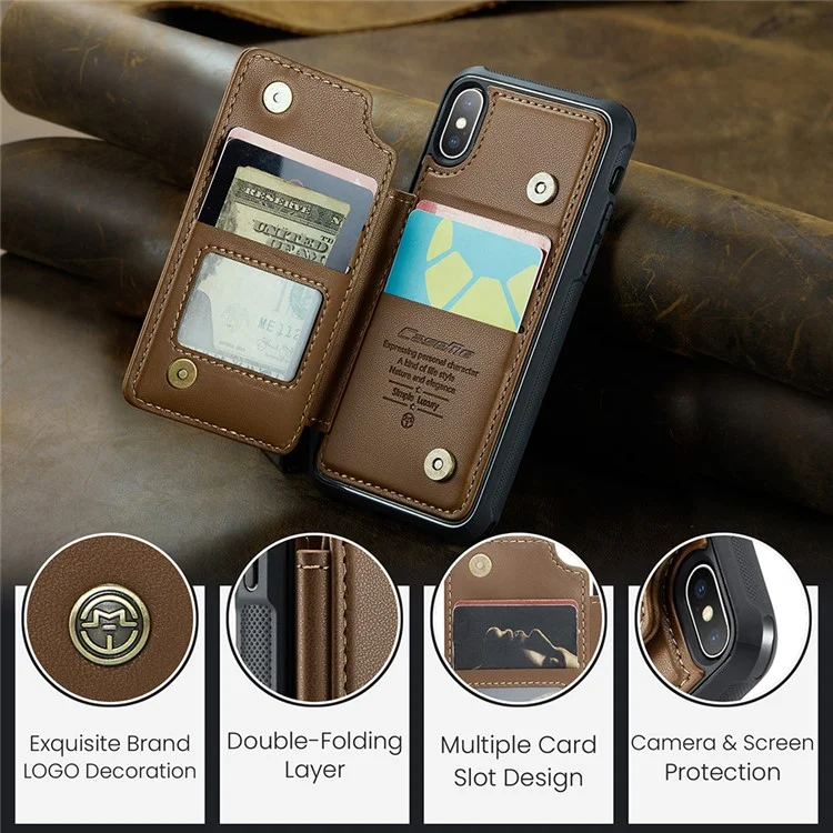 CASEME C22 Series for iPhone X / XS Case 4 Card Slots Litchi Texture Kickstand Phone Cover - Brown