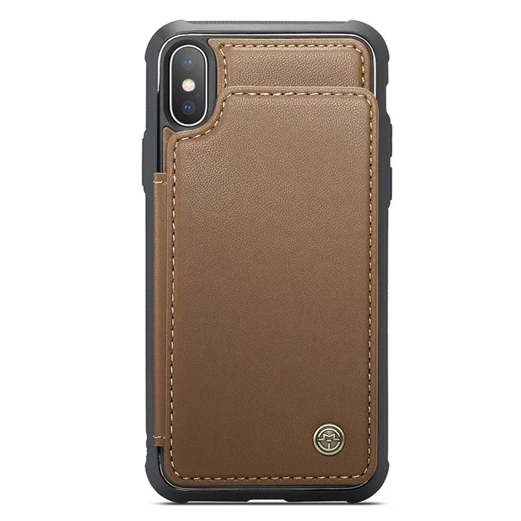 CASEME C22 Series for iPhone X / XS Case 4 Card Slots Litchi Texture Kickstand Phone Cover - Brown