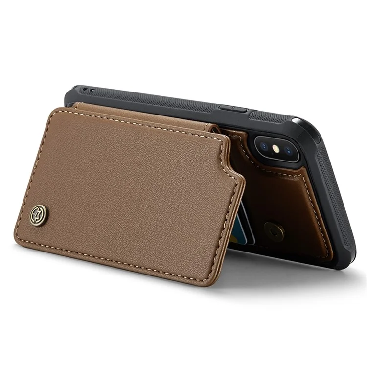 CASEME C22 Series for iPhone X / XS Case 4 Card Slots Litchi Texture Kickstand Phone Cover - Brown