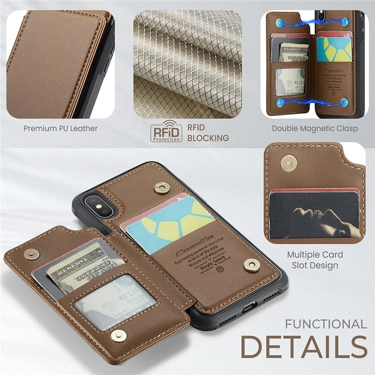 CASEME C22 Series for iPhone X / XS Case 4 Card Slots Litchi Texture Kickstand Phone Cover - Brown