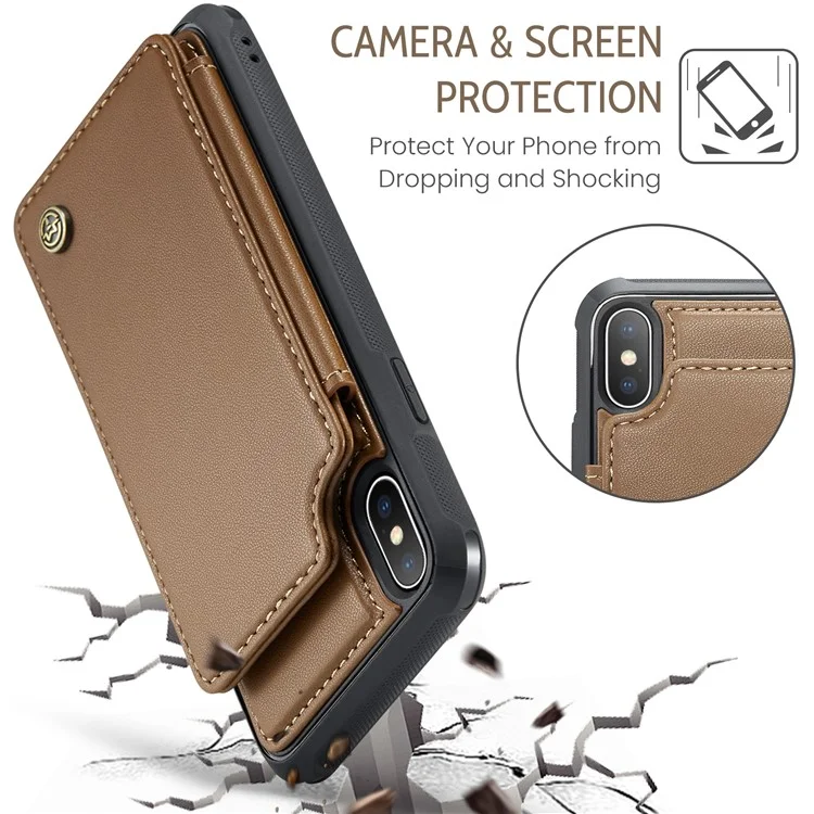 CASEME C22 Series for iPhone X / XS Case 4 Card Slots Litchi Texture Kickstand Phone Cover - Brown