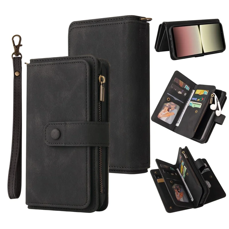 For Sony Xperia 10 V Zipper Wallet Case with 15 Card Slots and Strap Leather Phone Cover - Black