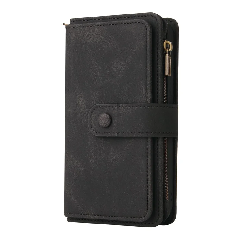 For Sony Xperia 10 V Zipper Wallet Case with 15 Card Slots and Strap Leather Phone Cover - Black