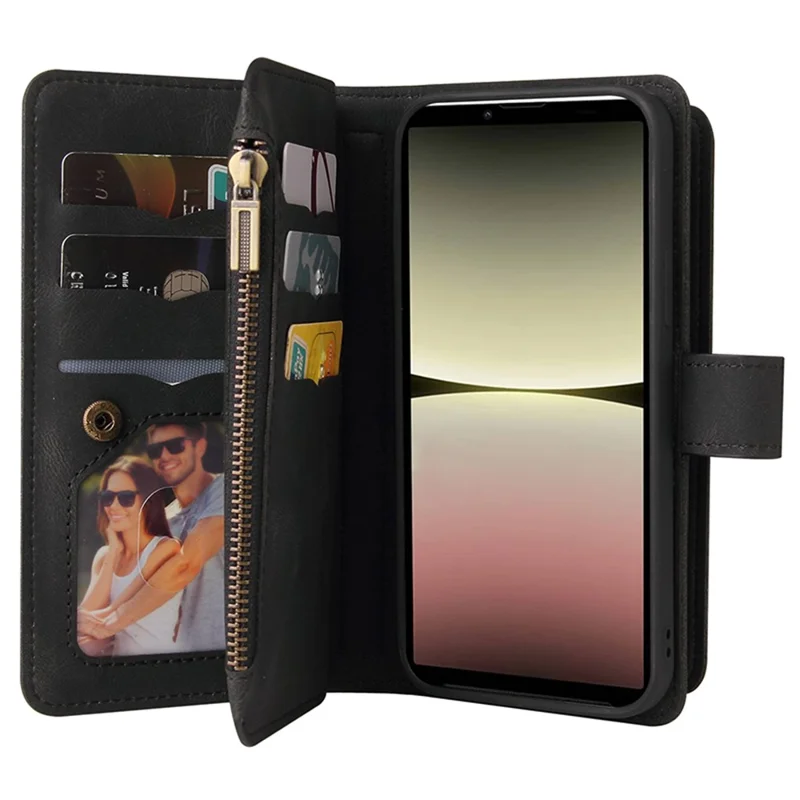 For Sony Xperia 10 V Zipper Wallet Case with 15 Card Slots and Strap Leather Phone Cover - Black