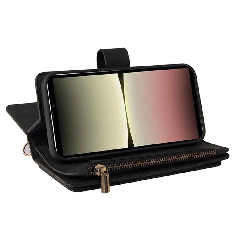 For Sony Xperia 10 V Zipper Wallet Case with 15 Card Slots and Strap Leather Phone Cover - Black