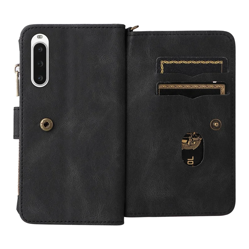 For Sony Xperia 10 V Zipper Wallet Case with 15 Card Slots and Strap Leather Phone Cover - Black