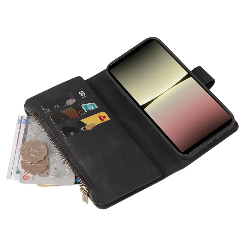 For Sony Xperia 10 V Zipper Wallet Case with 15 Card Slots and Strap Leather Phone Cover - Black