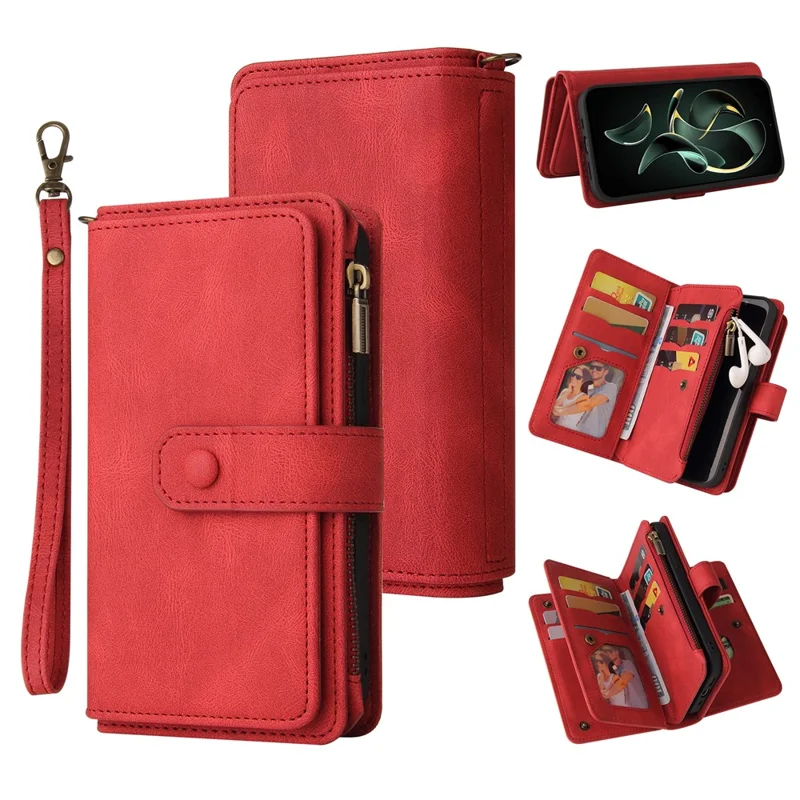 For Xiaomi 13T / 13T Pro / Redmi K60 Ultra Zipper Wallet Case with 15 Card Slots and Strap Leather Phone Cover - Red