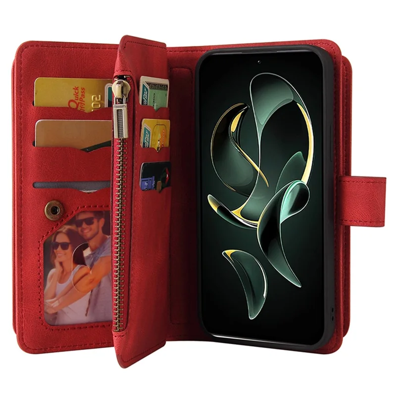 For Xiaomi 13T / 13T Pro / Redmi K60 Ultra Zipper Wallet Case with 15 Card Slots and Strap Leather Phone Cover - Red