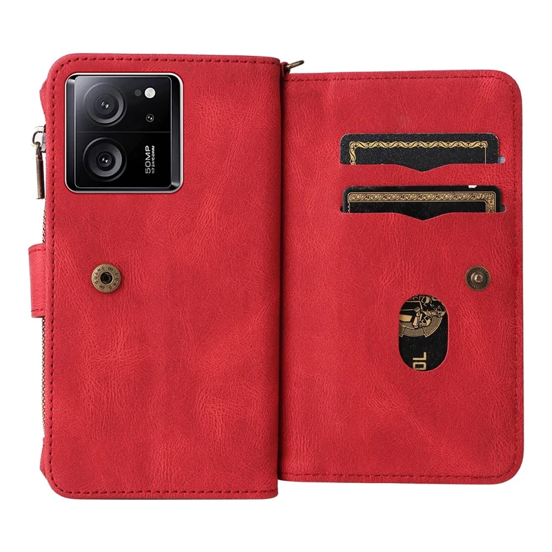 For Xiaomi 13T / 13T Pro / Redmi K60 Ultra Zipper Wallet Case with 15 Card Slots and Strap Leather Phone Cover - Red