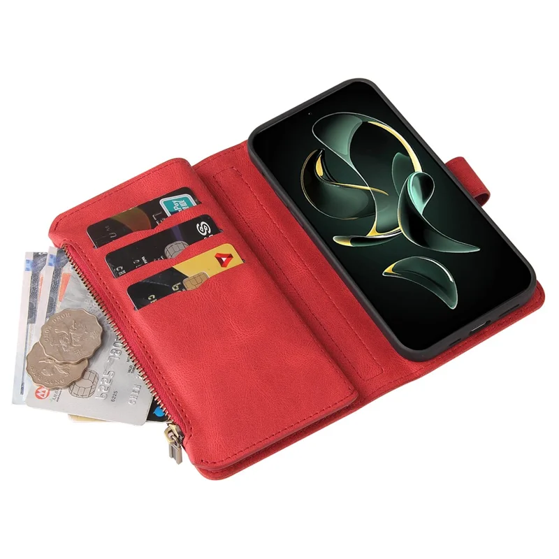 For Xiaomi 13T / 13T Pro / Redmi K60 Ultra Zipper Wallet Case with 15 Card Slots and Strap Leather Phone Cover - Red