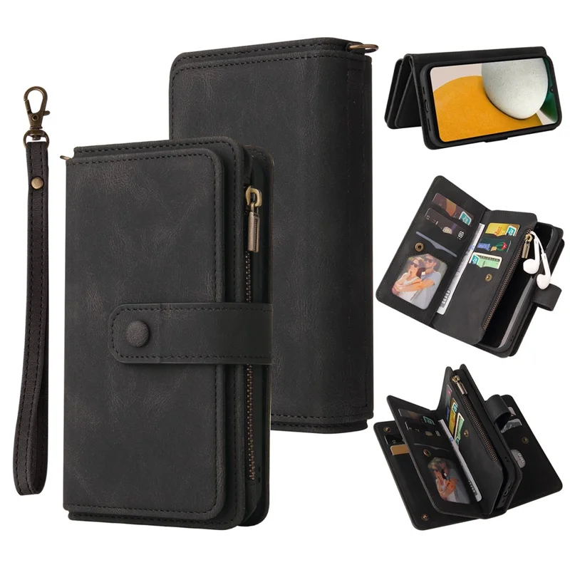 For Samsung Galaxy A15 4G Zipper Wallet Case with 15 Card Slots and Strap Leather Phone Cover - Black