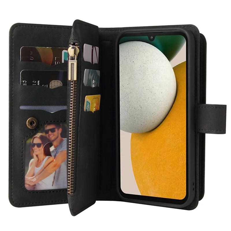 For Samsung Galaxy A15 4G Zipper Wallet Case with 15 Card Slots and Strap Leather Phone Cover - Black