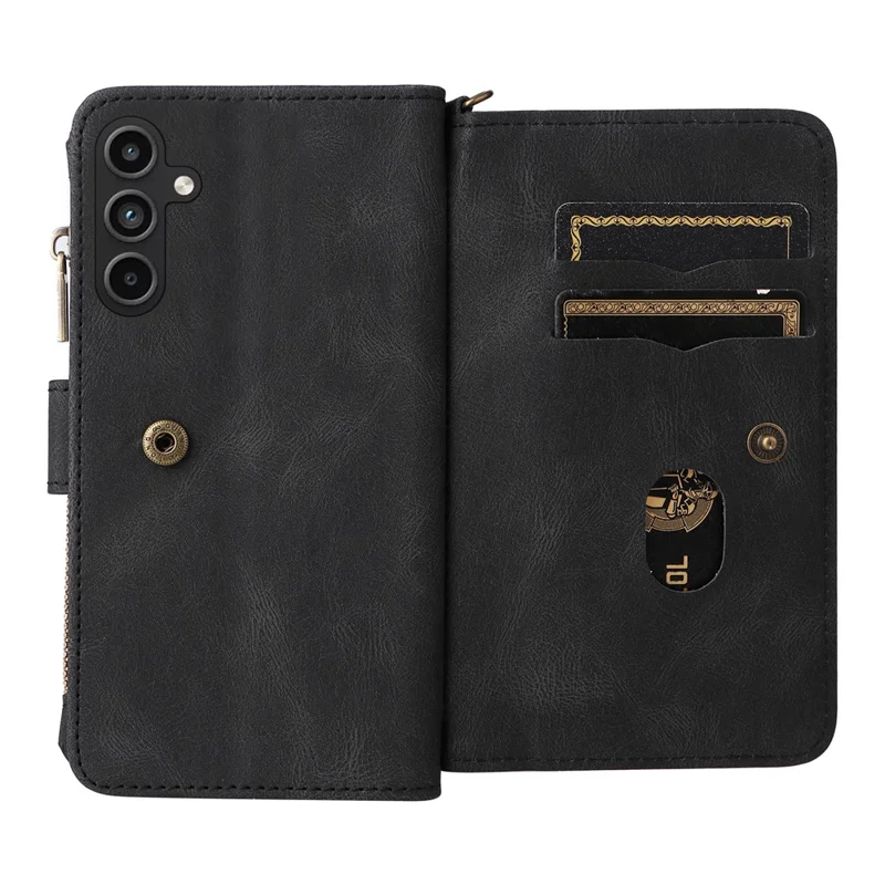 For Samsung Galaxy A15 4G Zipper Wallet Case with 15 Card Slots and Strap Leather Phone Cover - Black