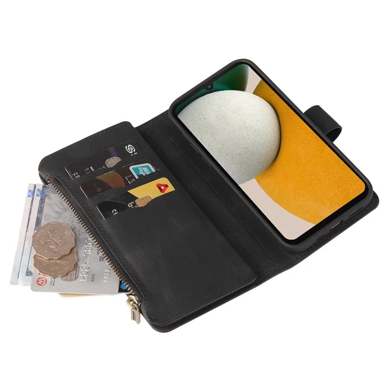 For Samsung Galaxy A15 4G Zipper Wallet Case with 15 Card Slots and Strap Leather Phone Cover - Black