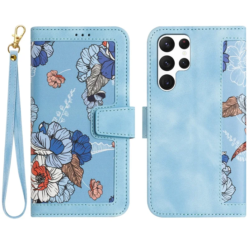 Для чехла Samsung Galaxy S24 Ultra Leather Case Flower Pattern Stand Phone Cover - Baby Blue