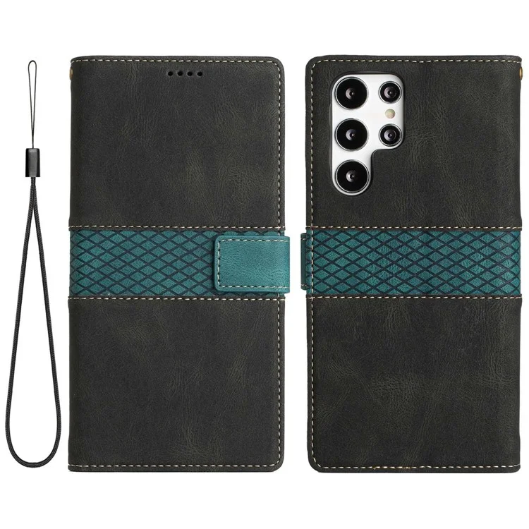 Phone Case for Samsung Galaxy S24 Ultra Grid Splicing Stand PU Leather Wallet Phone Cover with Strap - Black