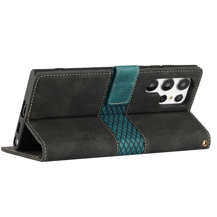 Phone Case for Samsung Galaxy S24 Ultra Grid Splicing Stand PU Leather Wallet Phone Cover with Strap - Black