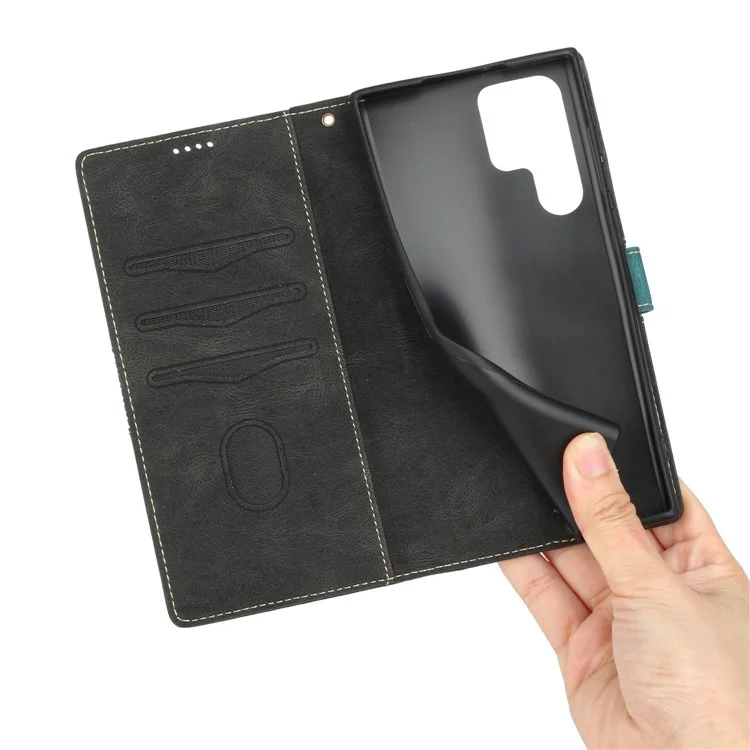 Phone Case for Samsung Galaxy S24 Ultra Grid Splicing Stand PU Leather Wallet Phone Cover with Strap - Black